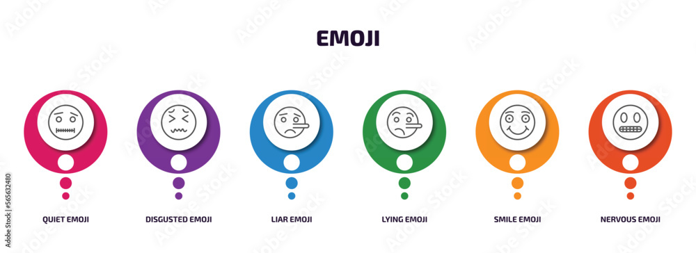 emoji infographic element with outline icons and 6 step or option. emoji icons such as quiet emoji, disgusted liar lying smile nervous vector. emoji infographic element with outline icons and 6 step or option. emoji icons such as quiet emoji, disgusted liar lying smile nervous vector.