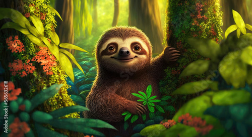 Sloth Cute and Happy in the Jungle  - Generative AI