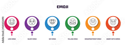 emoji infographic element with outline icons and 6 step or option. emoji icons such as love emoji, silent shy yelling dissapointment angry with horns vector.