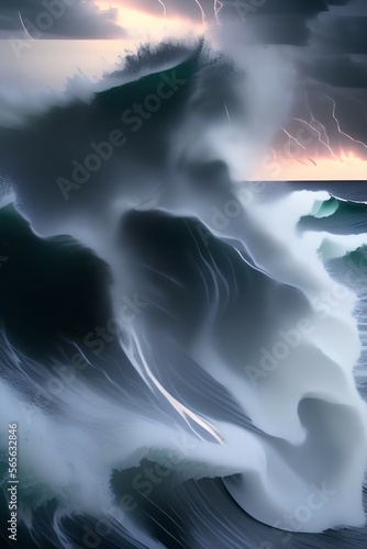 A long, powerful transoceanic wave breaking through a dark, stormy evening - Generative AI photo