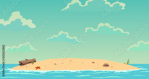 Robinson crusoe island. Desert island in ocean. Sunny day. Tropical paradise landscape  sandy beach flat cartoon illustration