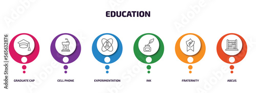 education infographic element with outline icons and 6 step or option. education icons such as graduate cap, cell phone, experimentation, ink, fraternity, abcus vector.