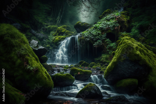 A waterfall surrounded by a forest and moss-covered rocks, waterfall, water, nature, forest, river, landscape, cascade, green, fall, stream, park, falls, travel, lake, stone, beautiful, flow, tree,