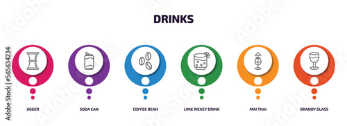 drinks infographic element with outline icons and 6 step or option. drinks icons such as jigger, soda can, coffee bean, lime rickey drink, mai thai, brandy glass vector.