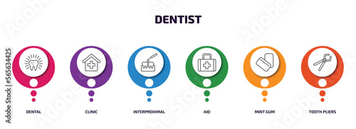 dentist infographic element with outline icons and 6 step or option. dentist icons such as dental, clinic, interproximal, aid, mint gum, tooth pliers vector.
