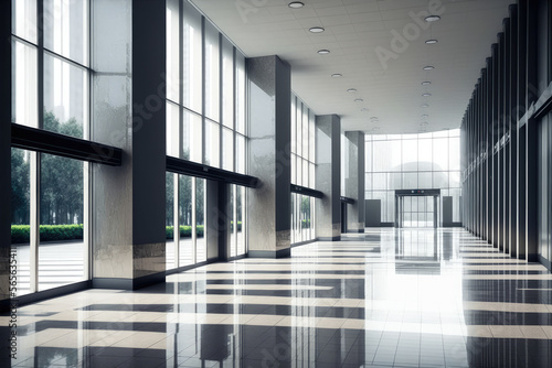 Empty entrance hall of modern public station or large convention center lobby . Contemporary beautiful office hallway with bright and clean composition. Peculiar AI generative image. photo