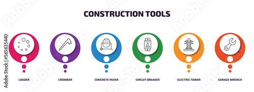 construction tools infographic element with outline icons and 6 step or option. construction tools icons such as loader, crowbar, concrete mixer, circuit breaker, electric tower, garage wrench