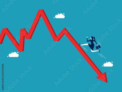 Businesswoman running on crisis graph. The concept of getting out of the crisis. vector illustration