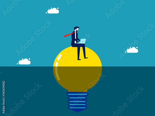 Businessman with laptop on light bulb. Invent and discover new knowledge. vector illustration