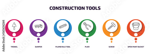construction tools infographic element with outline icons and 6 step or option. construction tools icons such as trowel, dumper, plumb rule tool, plier, screw, open paint bucket vector.