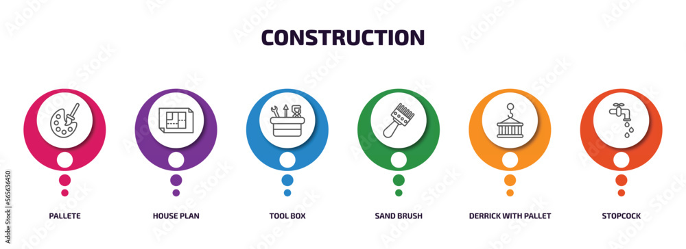 construction infographic element with outline icons and 6 step or option. construction icons such as pallete, house plan, tool box, sand brush, derrick with pallet, stopcock vector. construction infographic element with outline icons and 6 step or option. construction icons such as pallete, house plan, tool box, sand brush, derrick with pallet, stopcock vector.