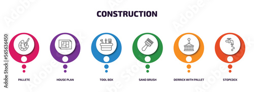 construction infographic element with outline icons and 6 step or option. construction icons such as pallete, house plan, tool box, sand brush, derrick with pallet, stopcock vector.