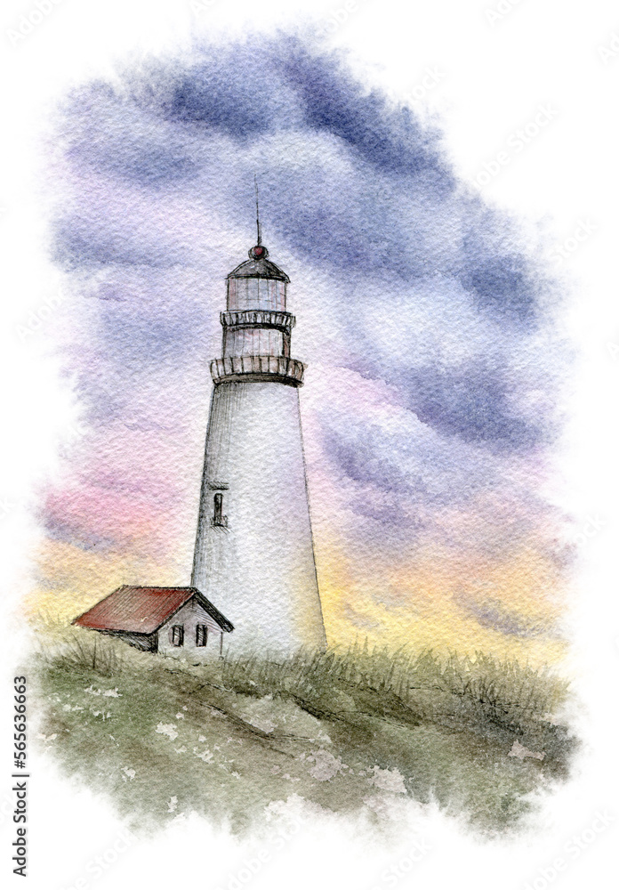Watercolor lighthouse, rocks, seagulls. Illustration of sea landscape and birds.