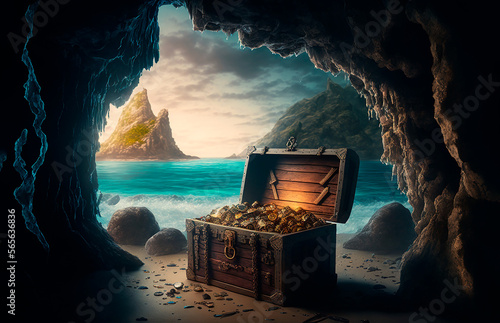 Canvas Print Pirate treasure chest in a cave, next to the ocean