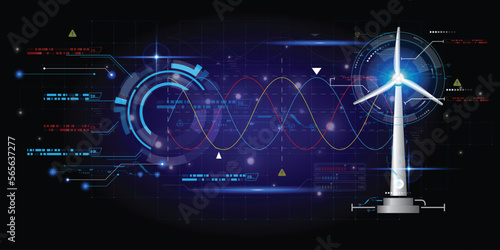 Virtual reality display of Energy from wind generator, Artificial Intelligence AI futuristic Hologram display design. Sci-Fi Frame HUD, GUI,UI. Futuristic display with data, High technology screen