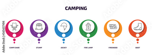 camping infographic element with outline icons and 6 step or option. camping icons such as camp chair, stump, jockey, fire lamp, firewood, boot vector.