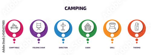 camping infographic element with outline icons and 6 step or option. camping icons such as camp table, folding chair, direction, cabin, grill, thermo vector.