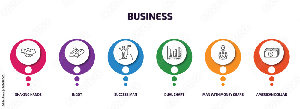 business infographic element with outline icons and 6 step or option. business icons such as shaking hands, ingot, success man, dual chart, man with money gears, american dollar bill vector. business infographic element with outline icons and 6 step or option. business icons such as shaking hands, ingot, success man, dual chart, man with money gears, american dollar bill vector.