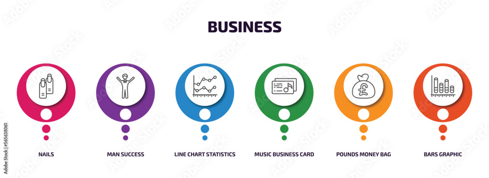 business infographic element with outline icons and 6 step or option. business icons such as nails, man success, line chart statistics, music business card, pounds money bag, bars graphic vector. business infographic element with outline icons and 6 step or option. business icons such as nails, man success, line chart statistics, music business card, pounds money bag, bars graphic vector.