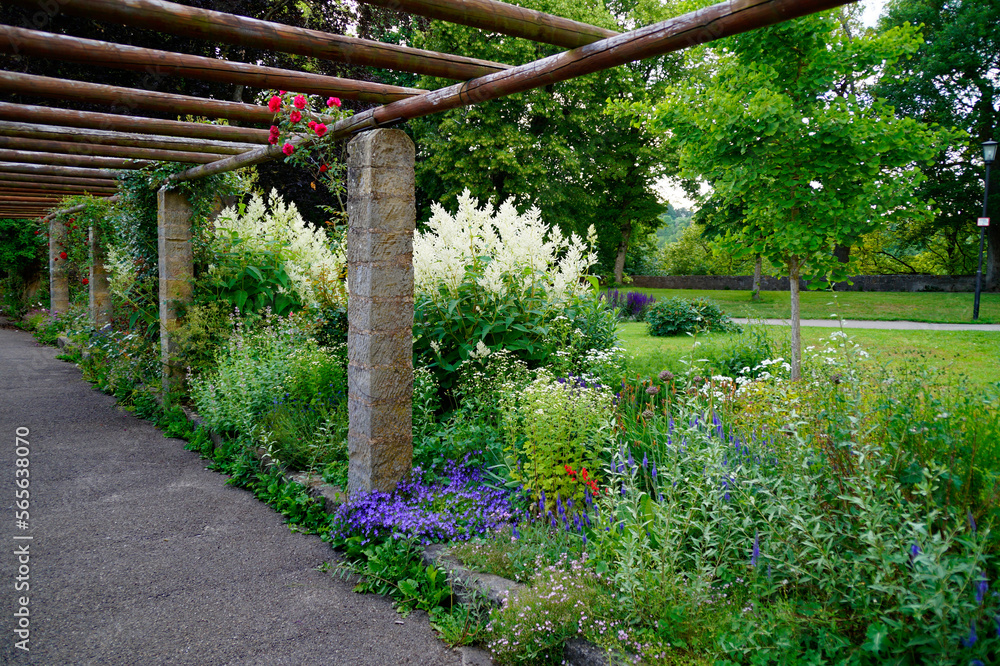 Obraz premium romantic summer garden with lots of greenery and a wooden arcade in the picturesque ancient german town of Rothenburg on the Tauber, Bavaria, Germany