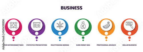 business infographic element with outline icons and 6 step or option. business icons such as item interconnections, statistics presentation, multitasking woman, euro money bag, professional advance,