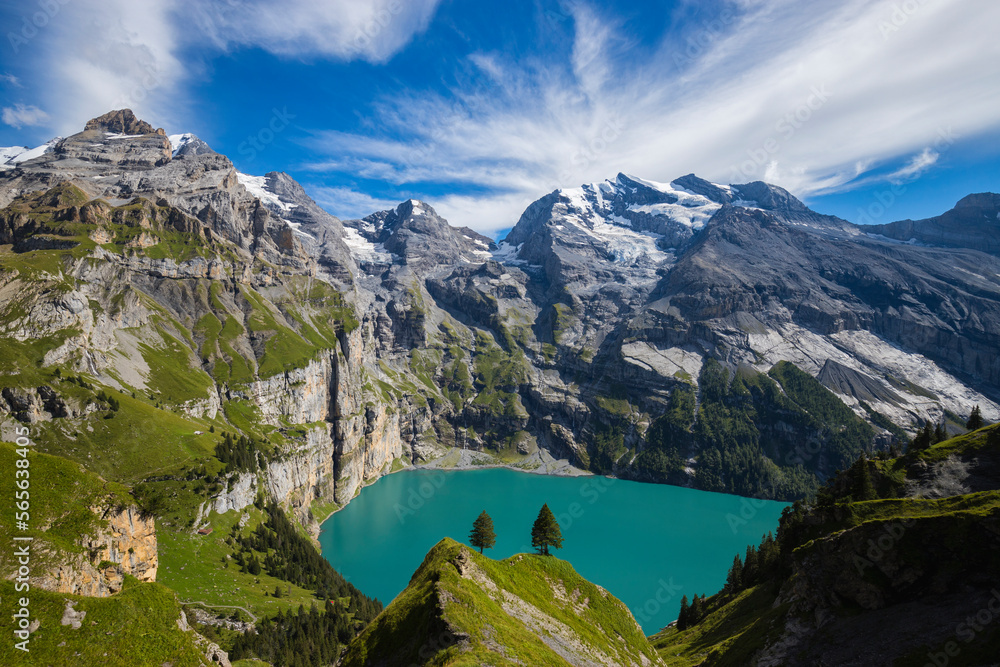 Breathtaking view of Lake Oeschinen in the Swiss Alps, Bernese Oberland, Switzerland