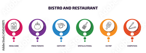 bistro and restaurant infographic element with outline icons and 6 step or option. bistro and restaurant icons such as menu card, fresh tomato, coffe pot, spatula utensil, ice pop, chopsticks