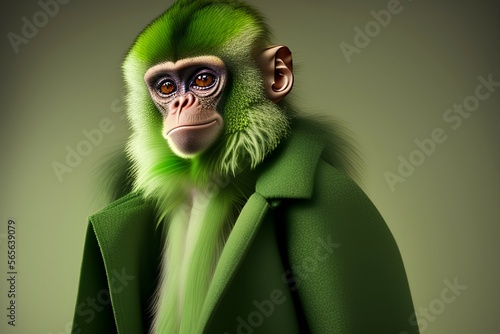 portrait of a cute green monkey in a coat , highly detailed , striking features , studio lihting , fine art photography , warm lighting - generative ai photo