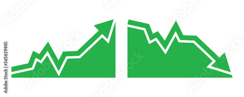 Graph going Up and Down sign with green arrows vector. Flat design vector illustration concept of sales bar chart symbol icon with arrow moving down and sales bar chart with arrow moving up.	