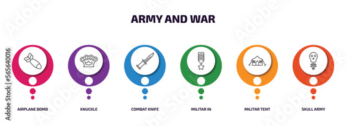 army and war infographic element with outline icons and 6 step or option. army and war icons such as airplane bomb, knuckle, combat knife, militar in, militar tent, skull army vector.