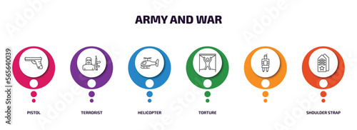 army and war infographic element with outline icons and 6 step or option. army and war icons such as pistol, terrorist, helicopter, torture, , shoulder strap vector.