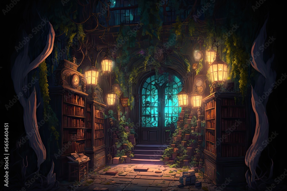 Mystic library at night