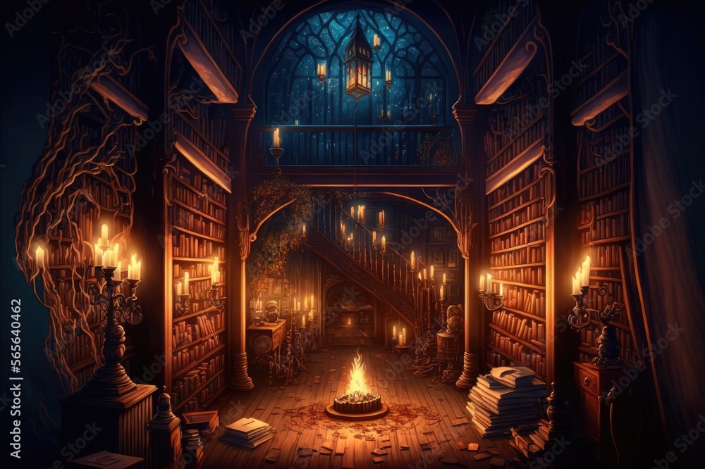 Old library interior with candles, fireplace and mystic books