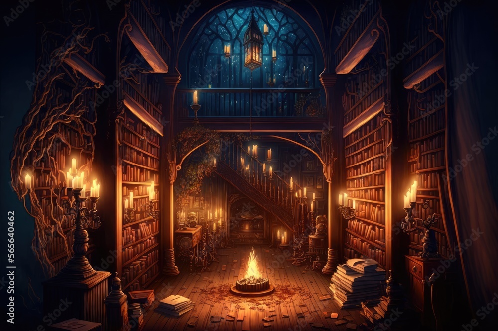 Obraz premium Old library interior with candles, fireplace and mystic books