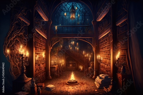 Old library interior with candles  fireplace and mystic books