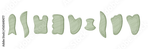 Big set of Gua Sha jade scraping massage tool. Collection of different shape natural jade stone. Chinese skin care. Facial acupoints. Vector illustration.