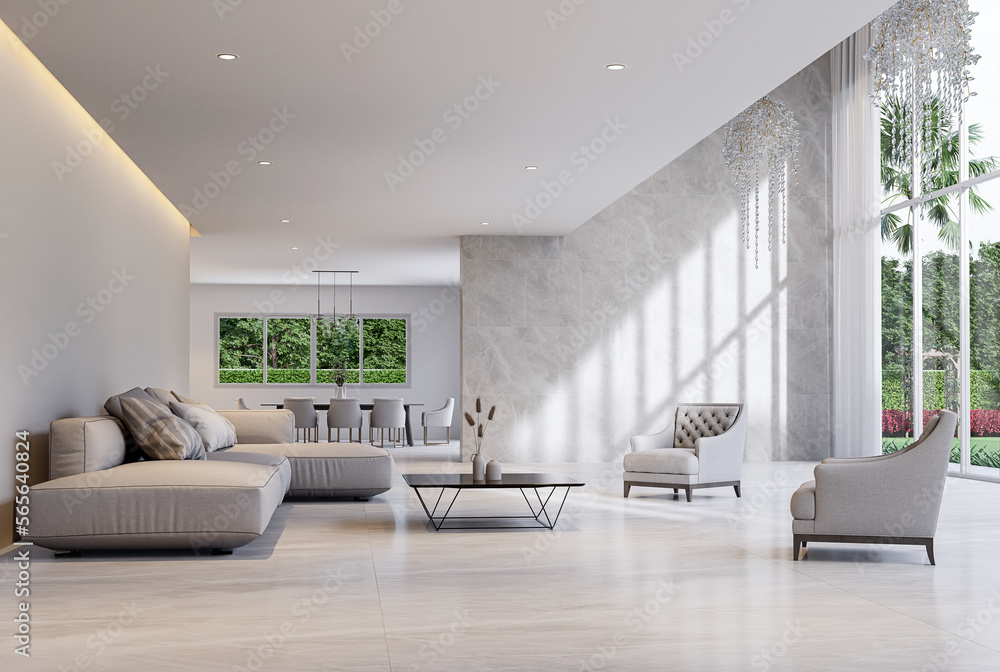 Modern style luxury white living room with garden view 3d render There ...