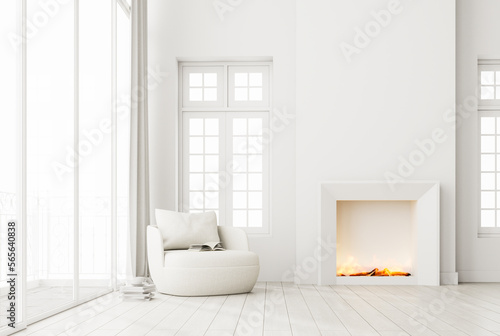 Minimal style white living room Furnished with a modern fireplace with flames and fabric lounge chair 3d render The room has a parquet floor and white door overlooking terrace and bright background
