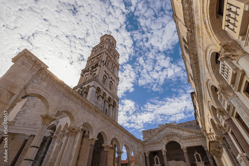 Upward view of the peristyle in Diocletian's Palace in Split with the cathedral
