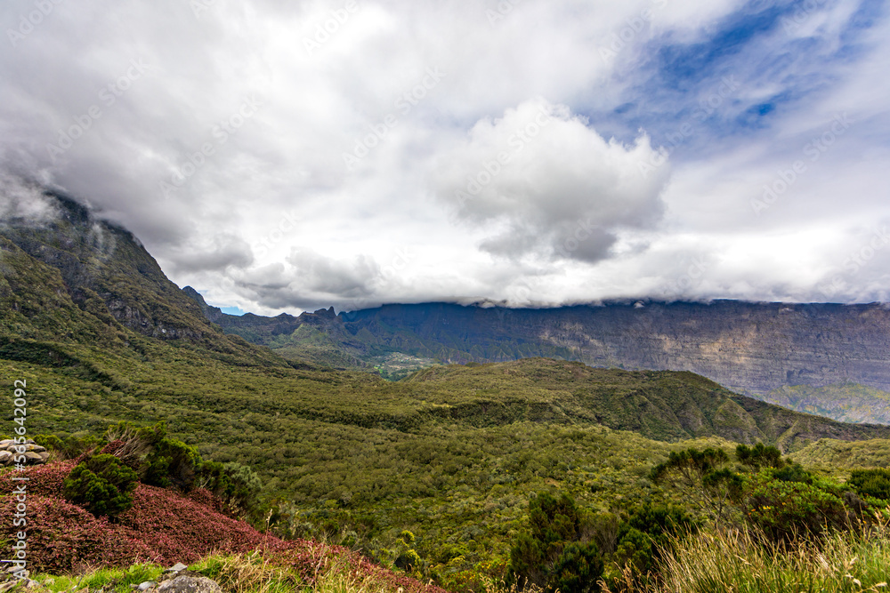 Mafate, Reunion Island - Scenic view of Mafate cirque from col des boeufs Mafate, Reunion Island - Scenic view of Mafate cirque from col des boeufs