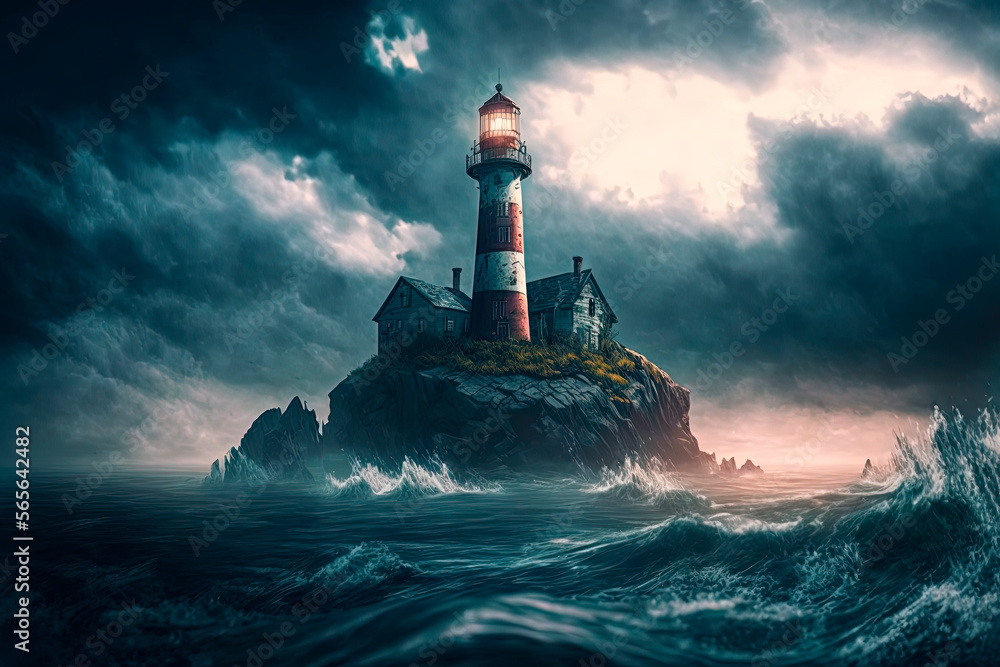 Lighthouse in the middle of the ocean under a cloudy sky. Generative AI