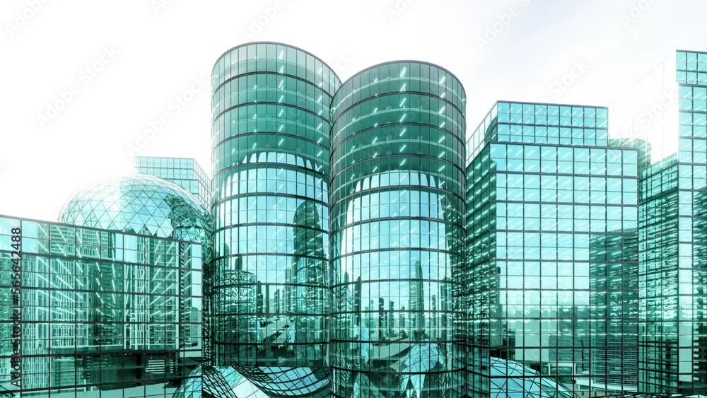 Animation of modern style hi rise green glass building exterior with ...