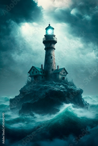Lighthouse in the middle of the ocean under a cloudy sky. Generative AI