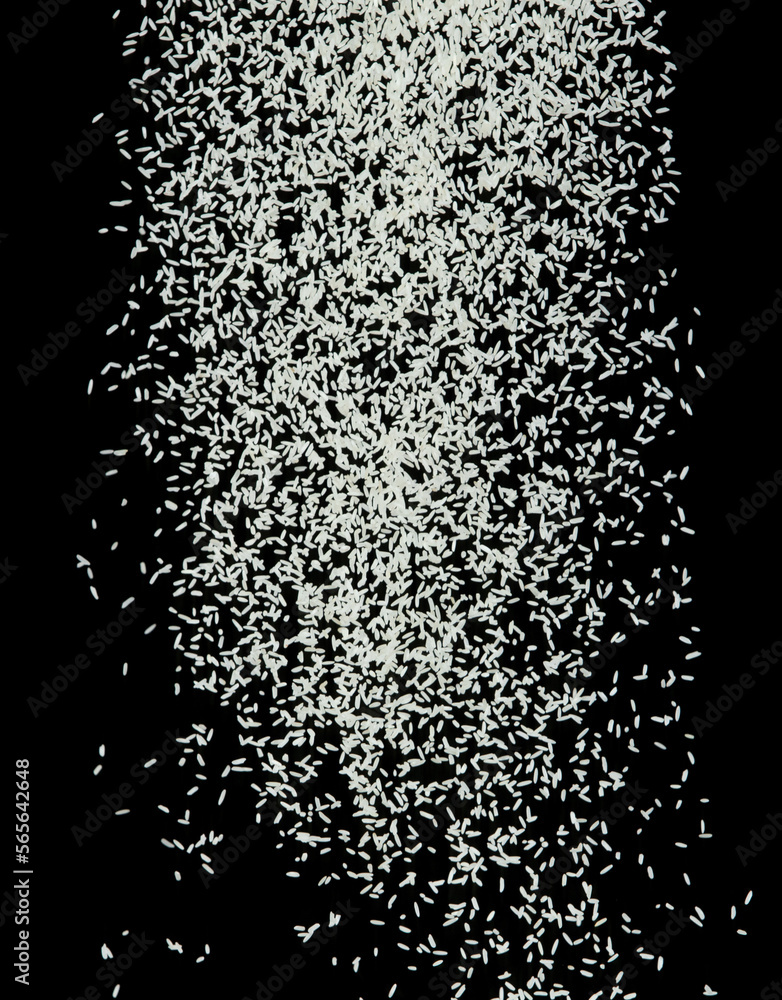 Japanese Rice flying explosion, white grain rices explode abstract cloud fly. Beautiful complete seed rice splash in air, food object design. Selective focus freeze shot Black background isolated Japanese Rice flying explosion, white grain rices explode abstract cloud fly. Beautiful complete seed rice splash in air, food object design. Selective focus freeze shot Black background isolated