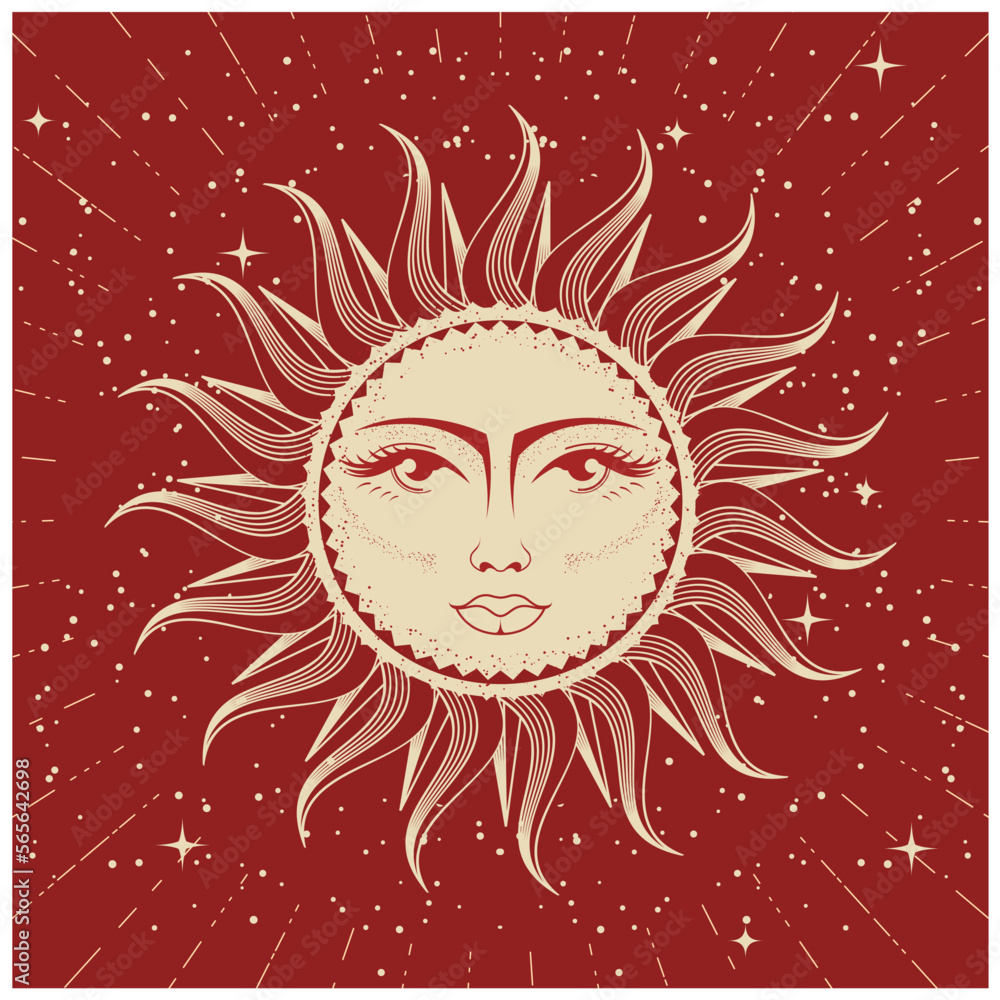 Sun with woman face, astrology, divination and magic, the device of the universe, esoteric horoscope sun, vector Sun with woman face, astrology, divination and magic, the device of the universe, esoteric horoscope sun, vector