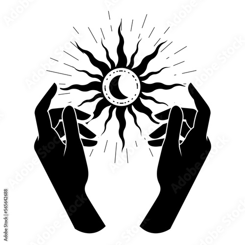 Witch hands hold sun, black star with moon, occultism and esoteric practice,  mystical spells and witchcraft, vector