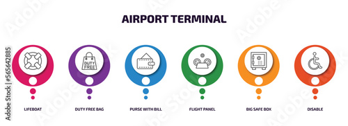 airport terminal infographic element with outline icons and 6 step or option. airport terminal icons such as lifeboat, duty free bag, purse with bill, flight panel, big safe box, disable vector.