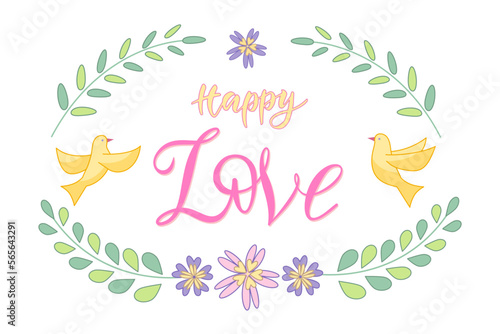 Happy love lettering with birds and floral elements. Vector isolated color illustration in outline style. 