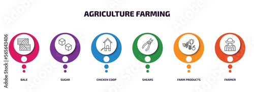 agriculture farming infographic element with outline icons and 6 step or option. agriculture farming icons such as bale, sugar, chicken coop, shears, farm products, farmer vector.