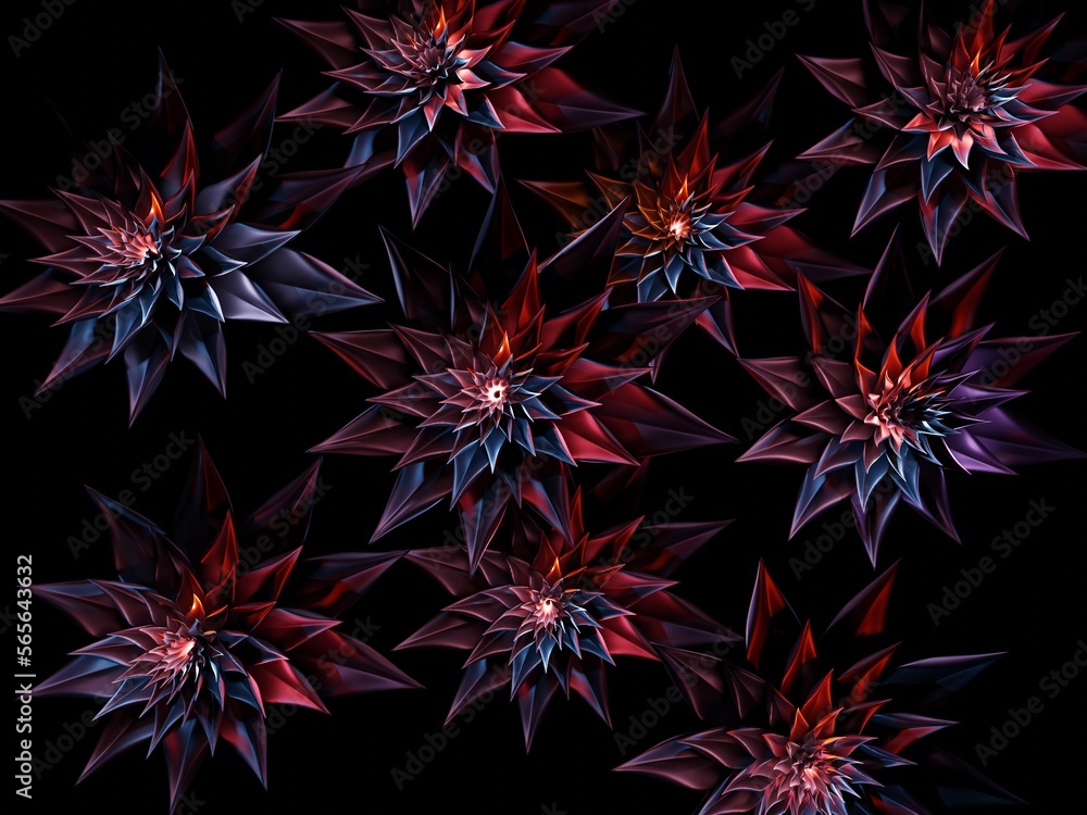 Dark chrome purple and pink flowers bloom on black dark background
Dark chrome purple and pink flowers bloom on black dark background